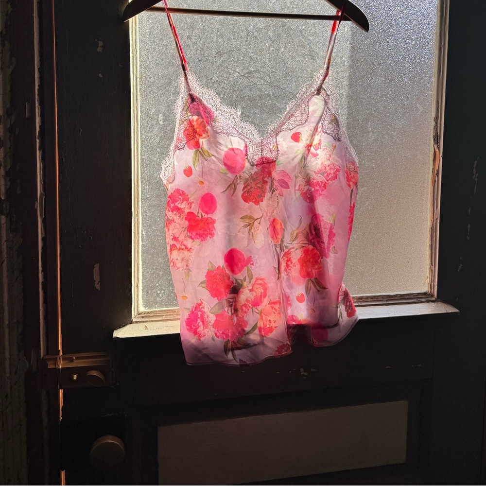 Silky Floral Lace-Trim Satin Cami Tank Top - Pink Lilac - Picture 2 of 11